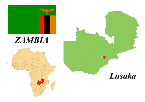 Republic of Zambia. Capital Of Lusaka. Flag Of Zambia. Map of the continent of Africa with country borders. Vector graphics.