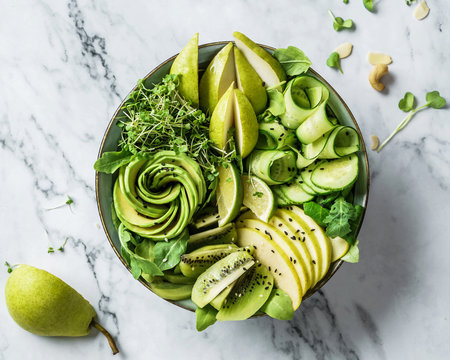 Fresh summer salad with avocado, kiwi, apple, cucumber, pear, micro greens, lime and sesame on light marble background. Healthy food, clean eating, Buddha bowl salad, top view