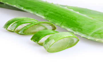 Fresh green Aloe Vera slices isolated on white background. Herbal medicine
