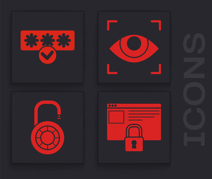 Set Secure your site with HTTPS, SSL, Password protection and safety access, Eye scan and Safe combination lock wheel icon. Vector