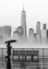 Two people walking in the fog and rain with the New York City skyline in the background. 