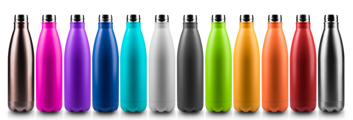 Colorful reusable stainless thermo bottles for water or another liquid without cap. Steel eco bottle, no plastic. Isolated on white background.