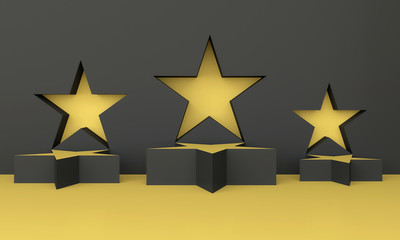 Fototapeta premium Abstract geometric star shape background for product display; fashion podium, blank mock up template; minimalist empty showcase; black and yellow niche 3d rendering, 3d illustration