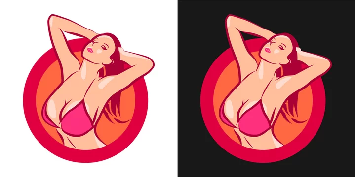 Girl in Bra with Big Boobs. Nude lady in Vector Round Emblem illustration  for Bra store or Sex Shop. Stock Vector