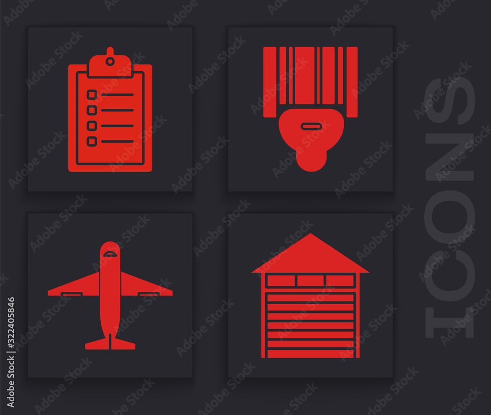 Poster set closed warehouse , verification of delivery list clipboard , scanner scanning bar code and plane