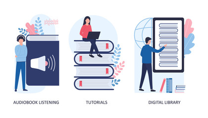 The concept of listening to audio books, studying tutorials, a digital library. Set of 3 vector flat illustrations on a white background. Young men and women read and listen to books, download online.