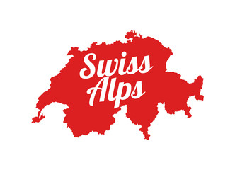Swiss Alps Banner with Red Silhouette of Switzerland and Caption. Vector illustration isolated on white background.