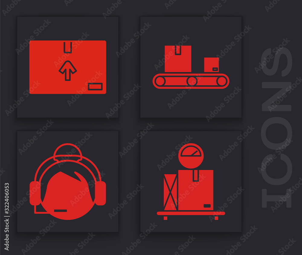 Poster set scale with cardboard box , cardboard box with traffic symbol , conveyor belt with cardboard box 