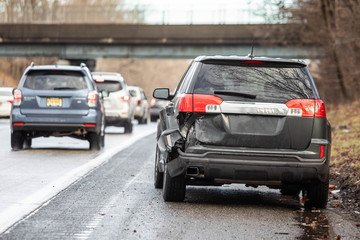 Naklejka premium Car crash accident on highway at day nobody
