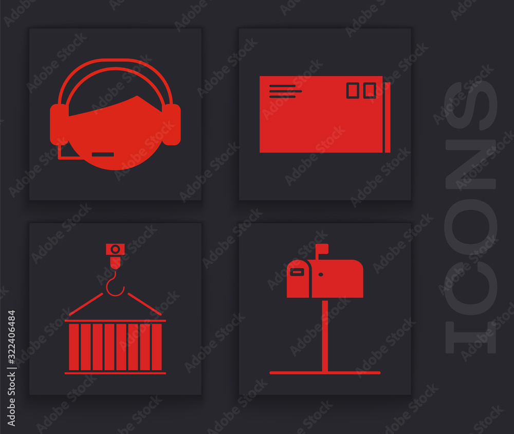 Poster set open mail box , support operator in touch, envelope and container on crane icon. vector