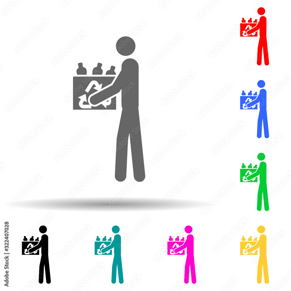 Poster man with used bottles green multi color style icon. simple glyph, flat vector of greenpeace icons fo