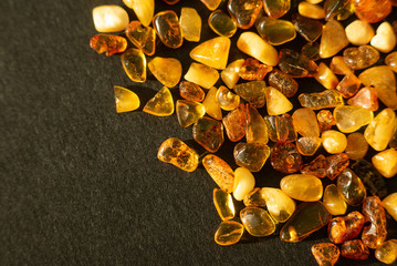 Amber. Many beautiful pieces of red-yellow polished amber.