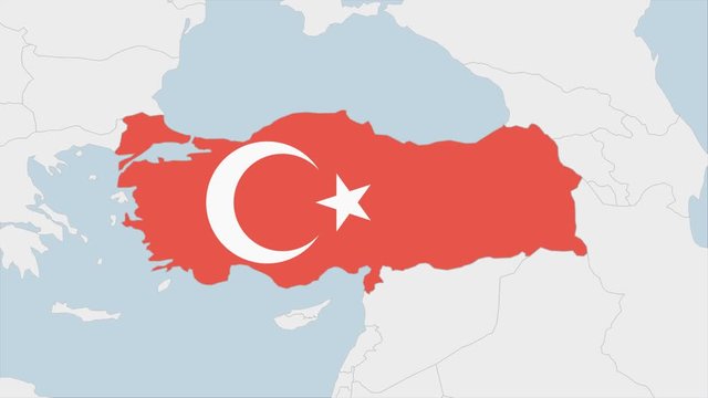 Turkey map highlighted in Turkey flag colors and pin of country capital Ankara.