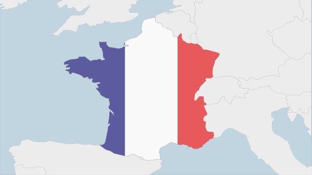 France map highlighted in France flag colors and pin of country capital Paris.