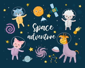 Space adventure kids illustration with hand lettering and different elements of cosmos. Astronaut animals, raccoon, lamb, piglet and giraffe. Cute characters, planets, sun, moon and stars.