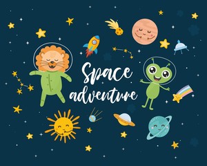 Space adventure kids illustration with hand lettering and different elements of space. Astronaut lion and alien. Cute characters, planets, sun, moon and stars.