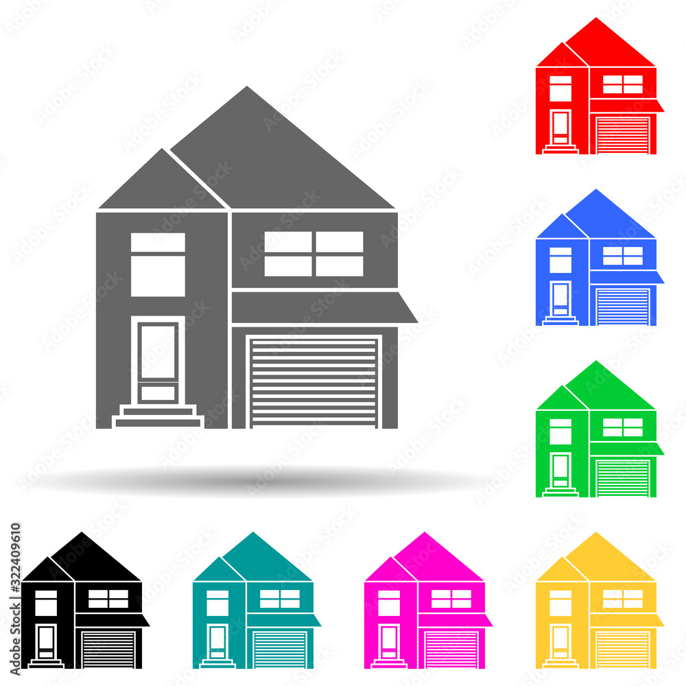 Poster two-storey house with a garage multi color style icon. simple glyph, flat vector of house icons for 