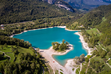 Fototapeta na wymiar Arial View of Lake Tenno in autumn,Trento,Italy, Europa. Turquoise lake in the mountains