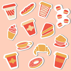 Cute stickers of coffee and sweets. Scrapbooking elements, vector signs in cartoon style. Simple clip art icons for design. All objects are isolated.