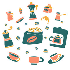 Set of cute elements coffee, tea, sweets and dishes. Can be use for scrapbooking and design elements for menu cafe, restaurant, coffeeshops. Vector stock illustration.  All elements are isolated. 