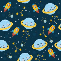 Space seamless pattern. Kids illustration with different elements of space. Cute planets, stars, constellation, rocket, Milky Way. Outer space.