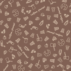 Cute hand drawn coffee seamless pattern. Great for textiles, banners, wallpapers, wrapping paper, notebook covers. Vector design. Swatch included.