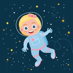 Little astronaut kids illustration and different elements of cosmos. Astronaut girl flies in outer space. Cosmos greeting card.