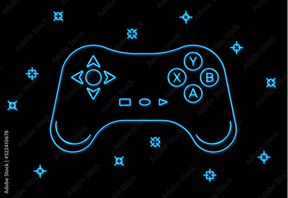 Poster neon game sign on black background. blue light arrow cursor icon. retro night 80s neon gaming style.