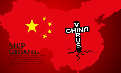 black cross with the words China and the Virus is stuck in cracked ground against the background of a map of China in Wuhan. Banner with pestle for your text. Dangerous Chinese Crown Virus, Pandemic R
