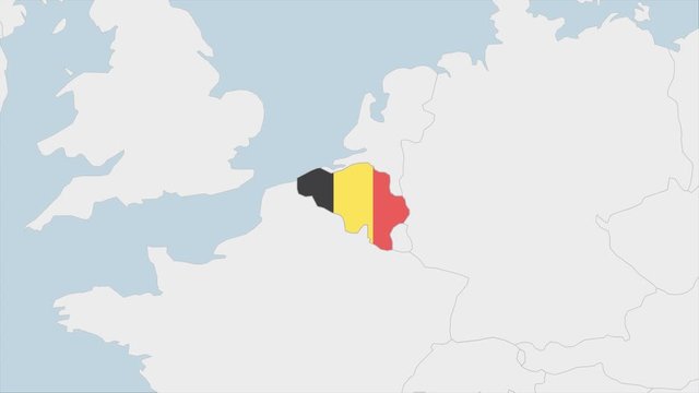 Belgium map highlighted in Belgium flag colors and pin of country capital Brussels.