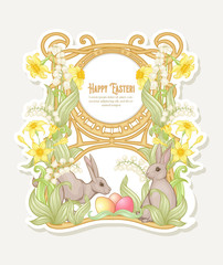 Happy easter. Template postcard, poster with a hare and colored eggs, spring flowers. Good for product label with place for text. Colored vector illustration In art nouveau vintage retro style
