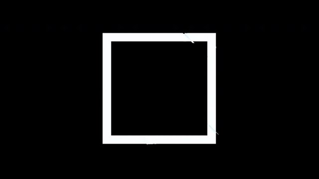 Square border frame with glitch effect. Glowing abstraction VFX 4k. Banner with motion of blue particles turns white rectangle outline. Animation transition effect with alpha channel for promo, intro