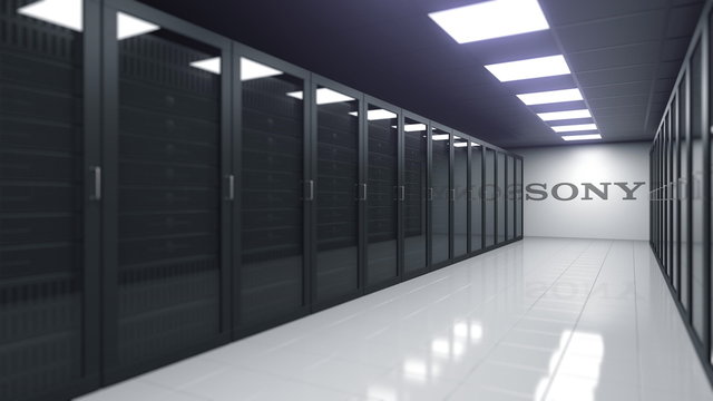 SONY logo in the server room, editorial 3D rendering