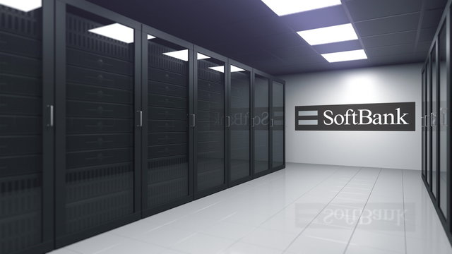 Logo of SOFTBANK on the wall of a server room, editorial 3D rendering