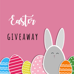 Easter giveaway. Vector flat illustration of colorful eggs and bunny character. Elements isolated on a pink background,