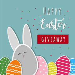 Happy Easter giveaway. Vector flat illustration of colorful eggs and bunny. Elements isolated on a blue background,