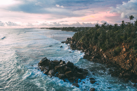 Sri?Lanka, Southern Province, Ahangama, Aerial View Of Rocky Shore Of Indian Ocean At Dusk