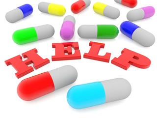 HELP concept between colored medical capsules on white