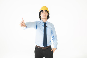 engineering Man wearing yellow helmet on white