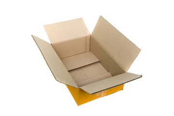 Empty opened old brown small cardboard box for mock up isolated on white.