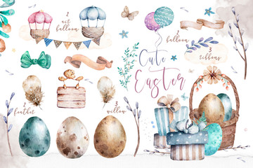 Vintage design elements for the Easter holiday. Easter, eggs, flowers, basket, feather, butterflies. Isolated on white background. Hand drawn illustration in watercolor style
