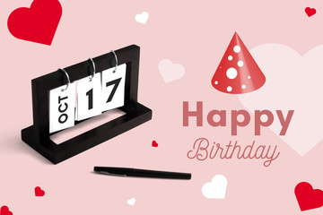 October 17th calendar for anniversary. Day 17 of month. Birthday card message for print.