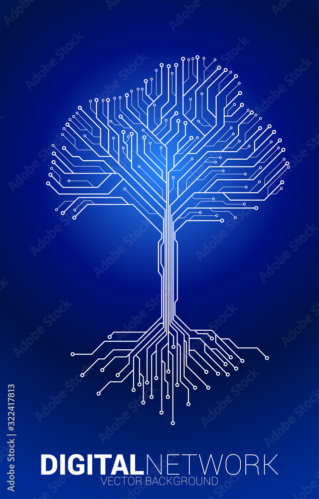 Poster Tree from digital line connect dot circuit board style. Background concept for digital transformation.