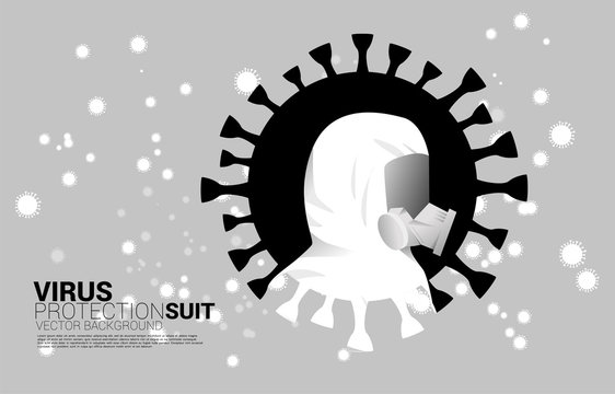 White Hazmat suit with full mask and virus particle background. Concept for biochemical hazard and virus protection situation