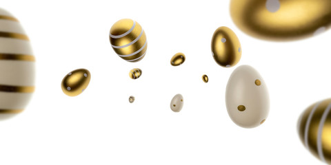 Happy Easter eggs white background. Golden shine decorated eggs falling, for greeting card, promotion, poster