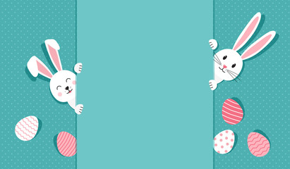 Easter bunnies and eggs greeting card. Paper rabbit on polka dot turquoise background. Vector illustration