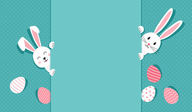 Easter bunnies and eggs greeting card. Paper rabbit on polka dot turquoise background. Vector illustration
