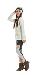 Woman wearing stylish winter sport clothes on white background