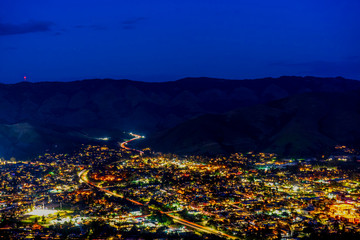 Night Lights of City from View, Valley, Mountains 