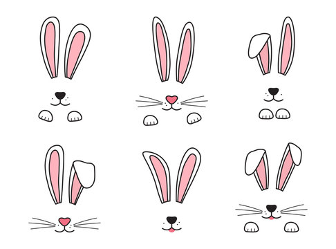 Easter bunny hand drawn, face of rabbits. Ears and muzzle with whiskers, paws. Vector illustration